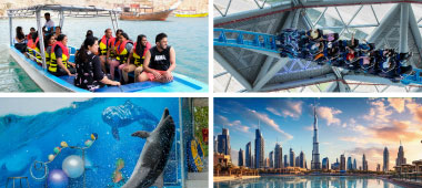 Dolphins at the Dolphinarium, scenic Musandam, Dubai City Tour sights, and the exhilarating Storm Co