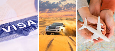 A collage featuring a Visa credit card, an SUV driving in a desert, and hands holding a small airpla