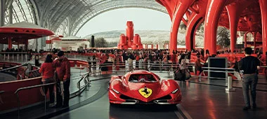 A sleek red Ferrari showcased in a modern showroom with an admiring crowd